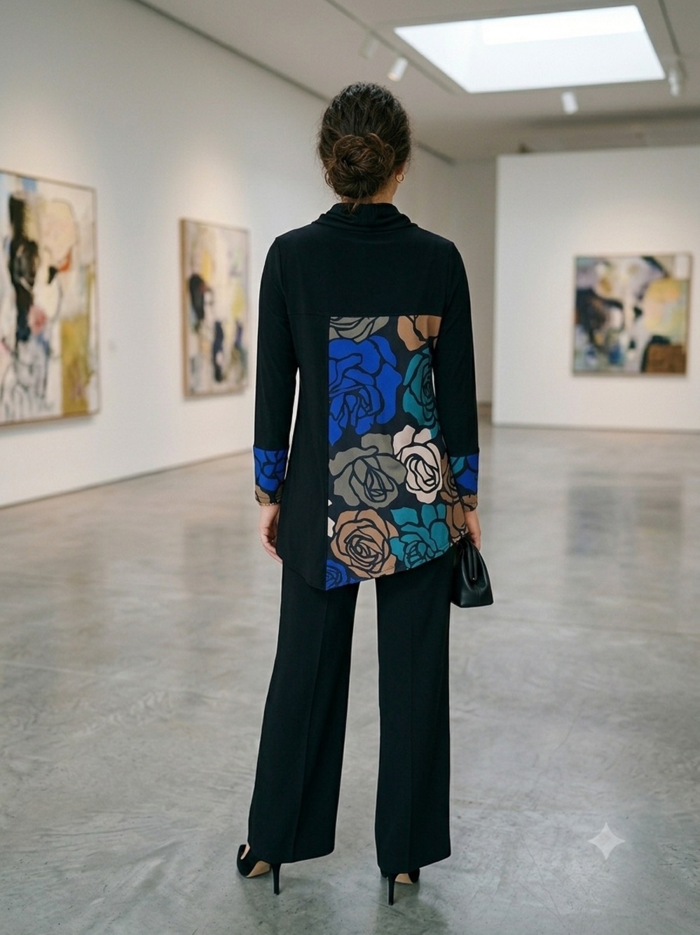 Joseph Ribkoff Black Tunic with Blue & Teal Floral Back, Black Wide-Leg Pants